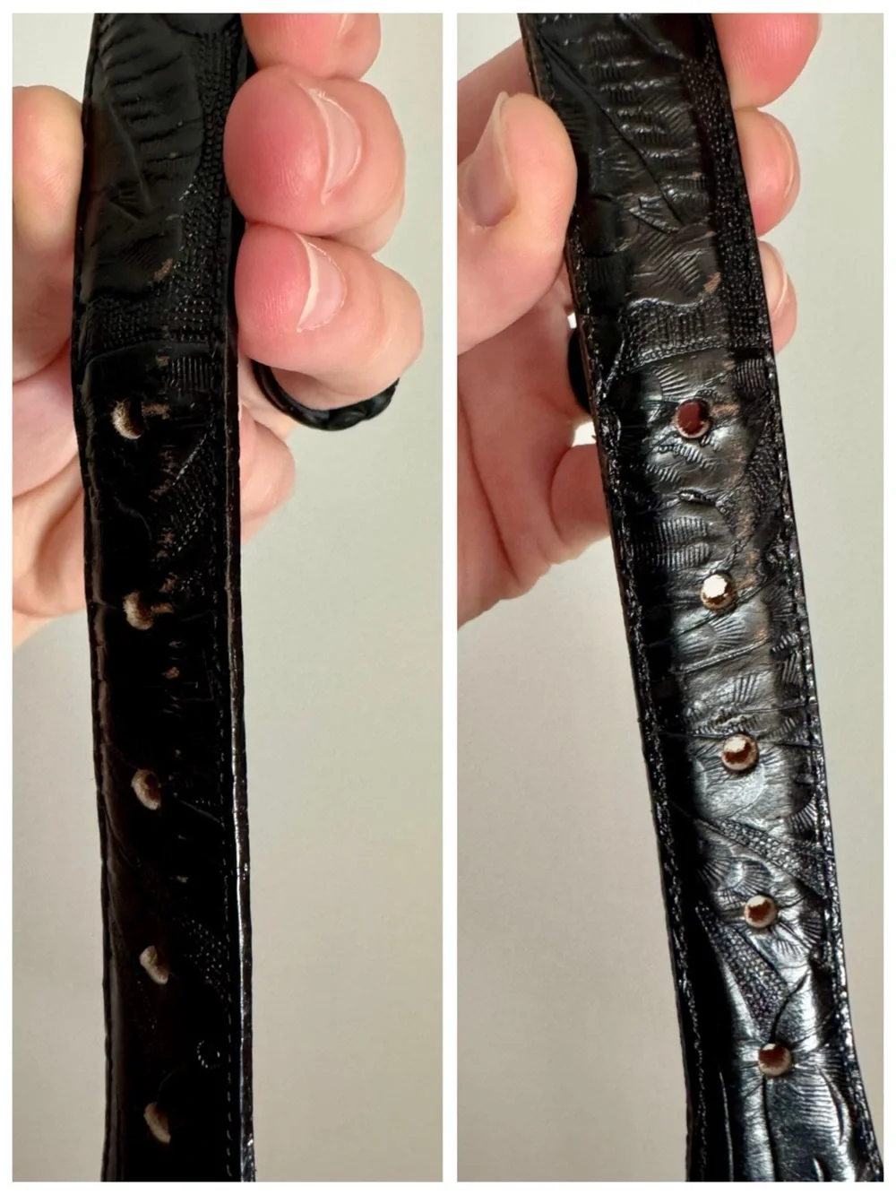 Vintage Justin Western Belt, Black Tooled (Embossed) Floral Leather sz. 30 - Picture 15 of 17